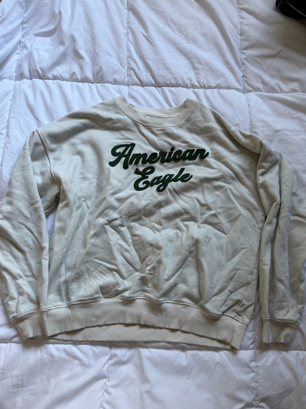 American Eagle Outfitters Cream Sweatshirt with Dark Green Script Logo